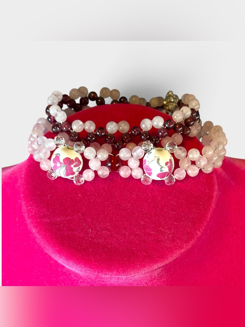 Lot 2 Artisan Rose Quartz Garnet Woven Bracelets Heart Clasp 7.5-8"